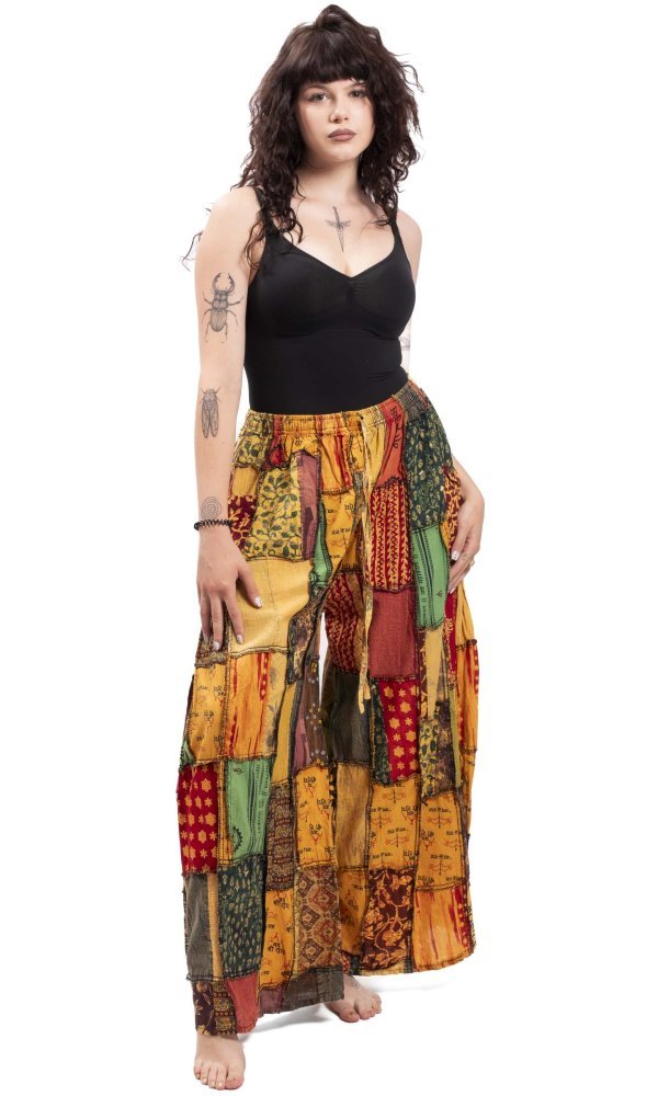 Kalhoty široké patchwork okrové 1093