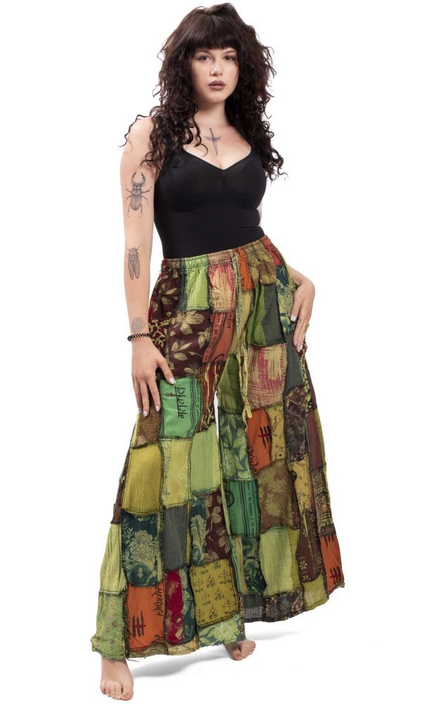 Kalhoty široké patchwork zelené 1092